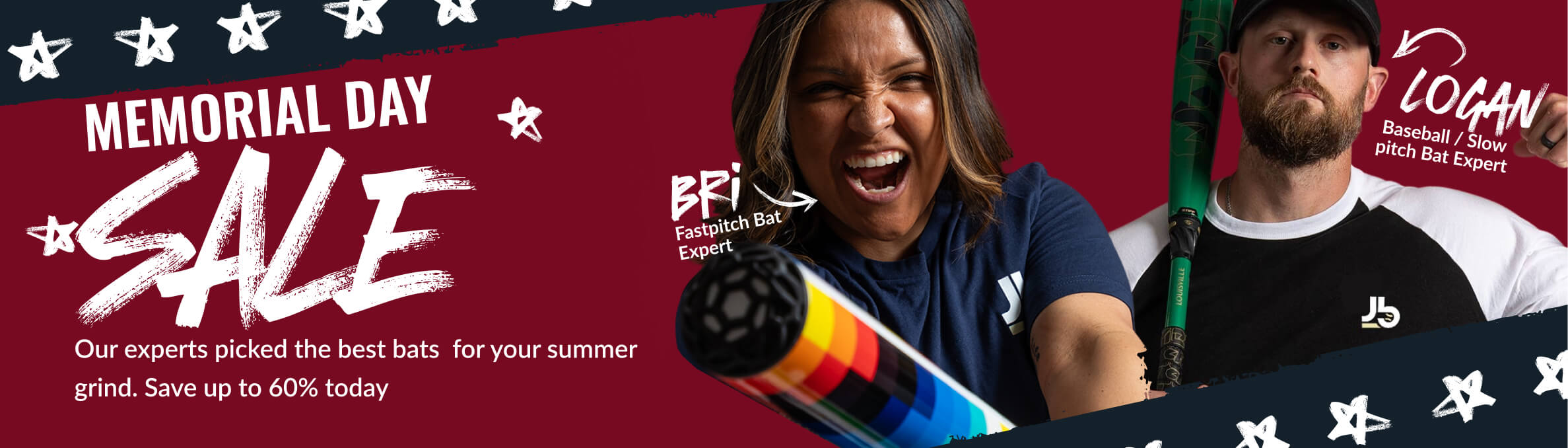 Memorial Day Sale - Our experts picked the best bats for your summer grind. Save up to 60% today! Two of our Bat Experts, Bri and Logan, hold bats and look excited about Memorial Day sales